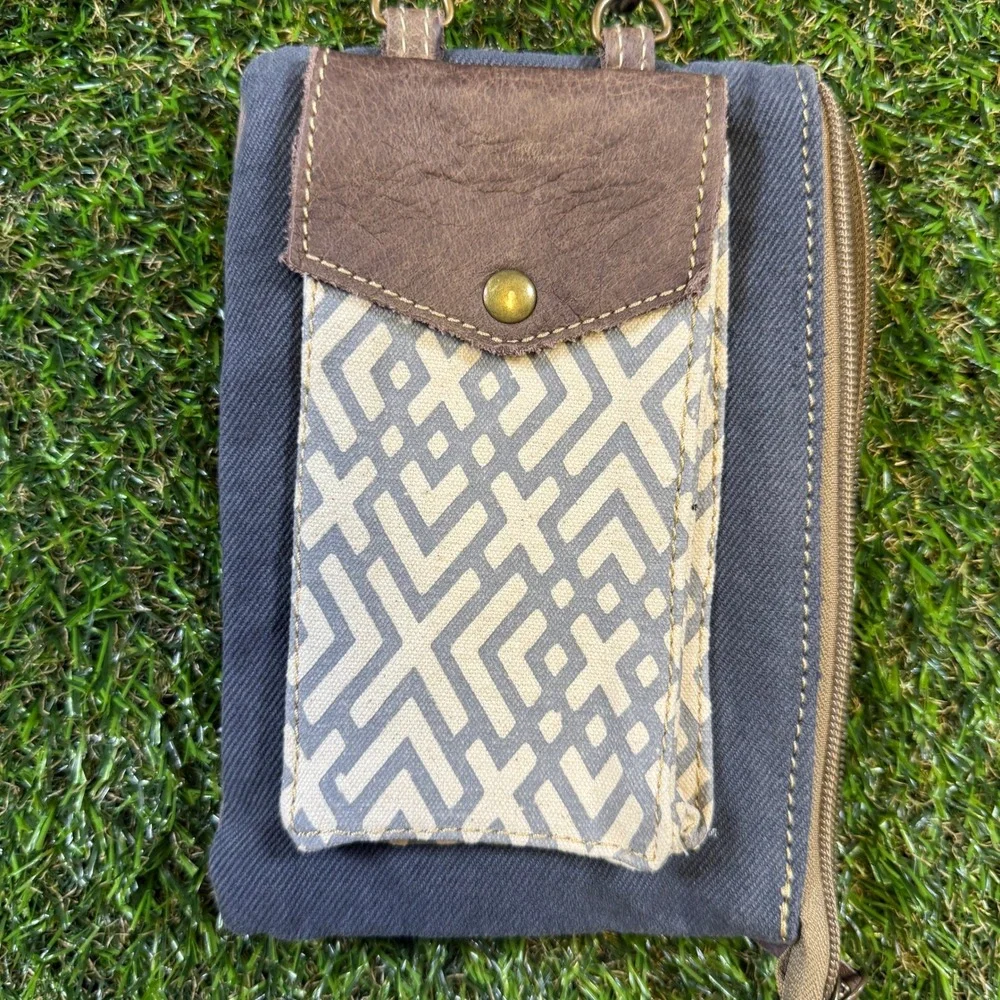 Myra Bag Canvas Leather Crossbody Phone Wallet Small Travel Pouch Grey Brown